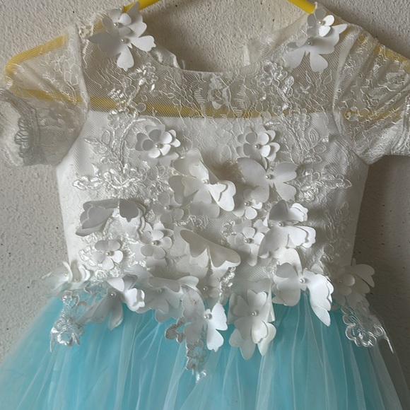 White $Blue Floral Tulle Dress with lace,    Appliqués rhinestones and p… - Picture 3 of 9